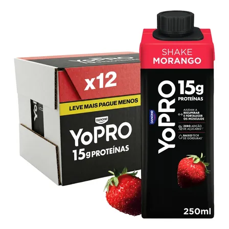 YoPRO Bebida Láctea UHT Morango 15g de proteínas 250ml - 12 unidades