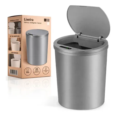 Caixote Do Lixo Redondo Inteligente Com Sensor Automático 16l Adequado Para Casas De Banho Cozinhas E Escritórios Design Moderno Cor Cinza Cinza-r