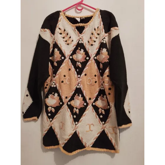 Elegante Sweater Suéter Negro Tejido Con Motivos En Beige