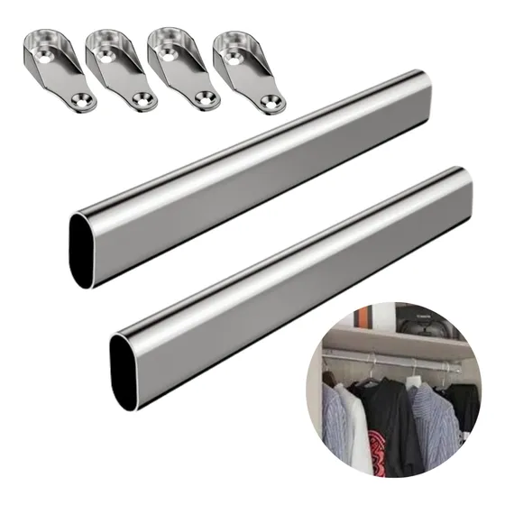 2 Tubo Cabideiro De 1m Oval Cromado Suporte Guarda Roupa