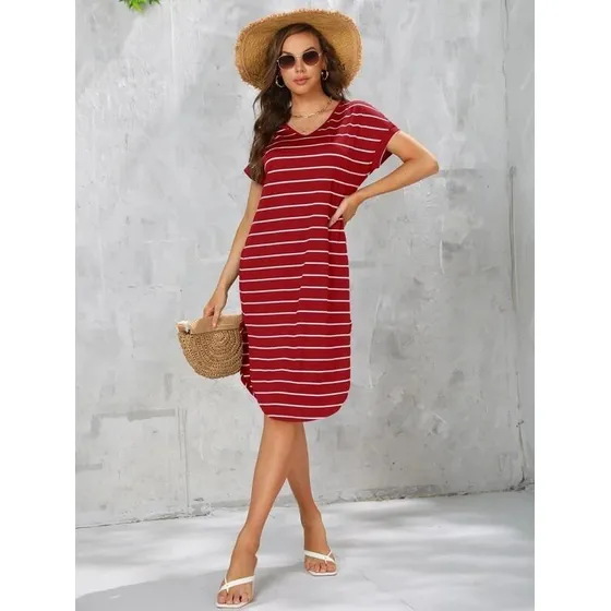Vestido Con Estampado De Rayas Bajo Curvo Marca Shein