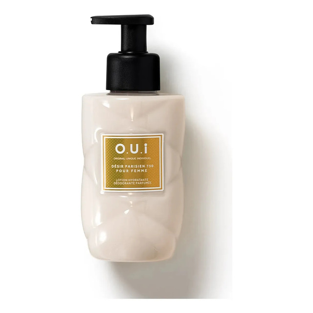 Frasco de loção hidratante O.u.i Désir Parisien de 200ml com dosador preto sobre fundo branco