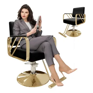 Sillas Barberia Para Estética Reclinable Girable Hidraulico Dorado Fijo Cuadrada
