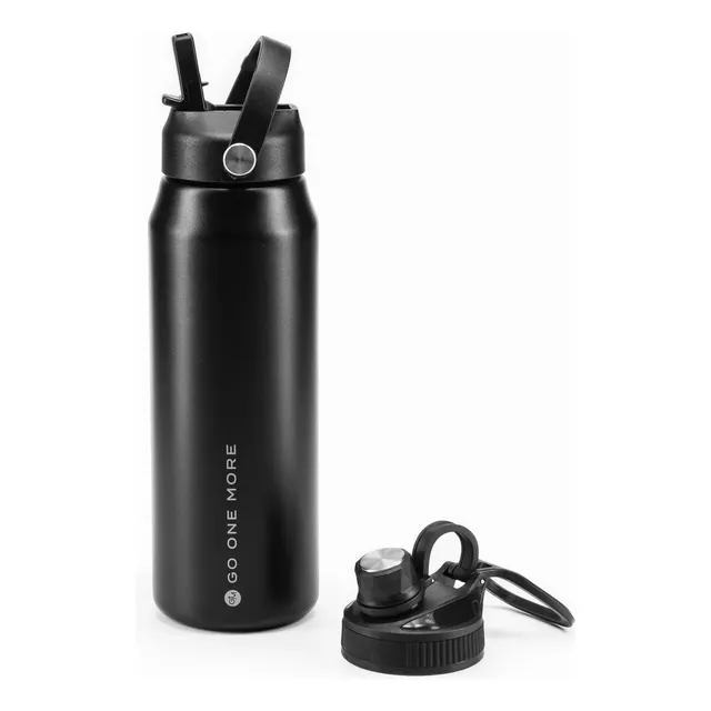 Botella Deportiva Termica De Acero Inoxidable Marca G1m De 1 Litro - Viene Con 2 Tapas Antiderrame: Deportiva Y Con Pico Rebatible Y Sorbete - Color Negro