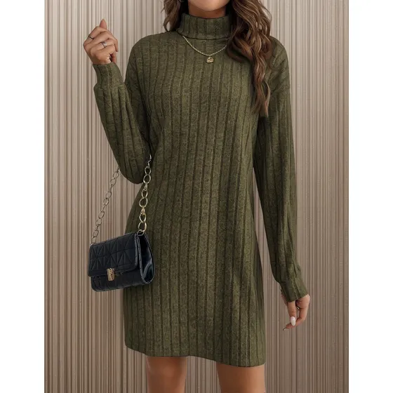 Vestido De Mujer De Cuello Alto, Manga Larga, Acanalado