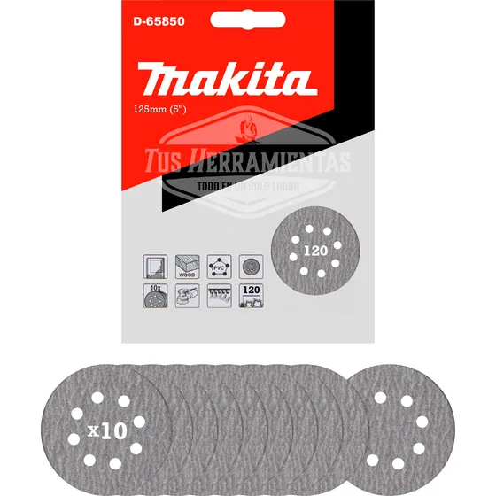 10 Discos Lija Velcro 125mm (5'') Grano 120 Makita D-65850