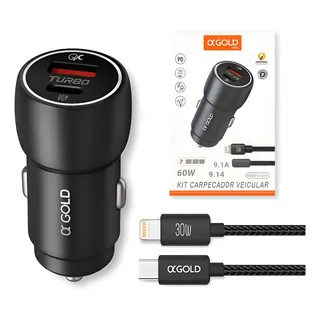 Carregador Veicular Turbo 60w iPhone 11 13 14 Cabo Lightning Preto