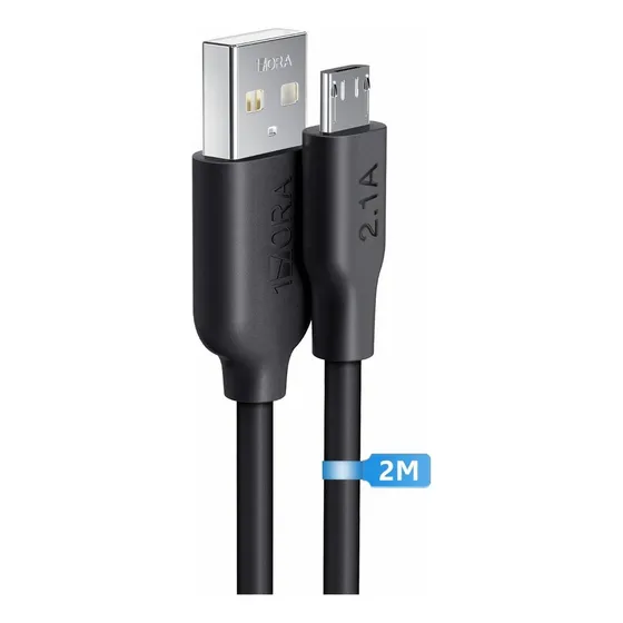 Cable de Datos 1Hora Micro USB V8 2.1A, 2 Metros PVC Duradero USB 2.0 Carga Rápida Compatible con Móviles, Tabletas Negro