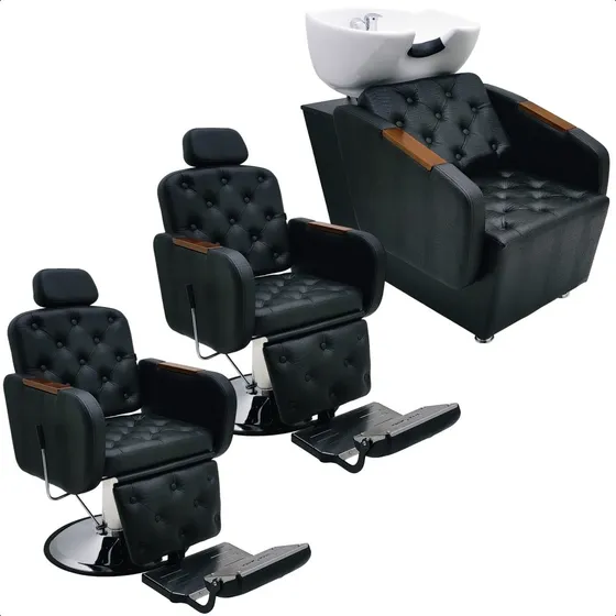 Kit 2 Cadeiras Barbeiro+ 1 Lavatório Fluence Cuba Porcelana 