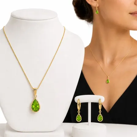 Conjunto Colar E Brinco Gota Verde A Ouro 18k Fique Linda Ouro 18k/verde
