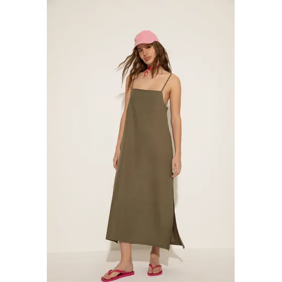 Vestido Largo Lino Con Espalda Descubierta Mujer System