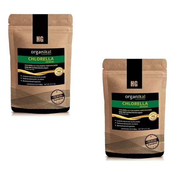 Pack 2 Organikal Chlorella Desintoxicante Vit B12 Polvo 50g Sin Sabor