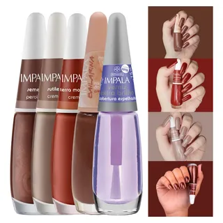 Kit 5 Esmaltes Impala Cremosos Marrom C/ Verniz Extra Brilho Kit 5 Esmaltes Impala Cremosos Marrom C/ Verniz Extra Brilho