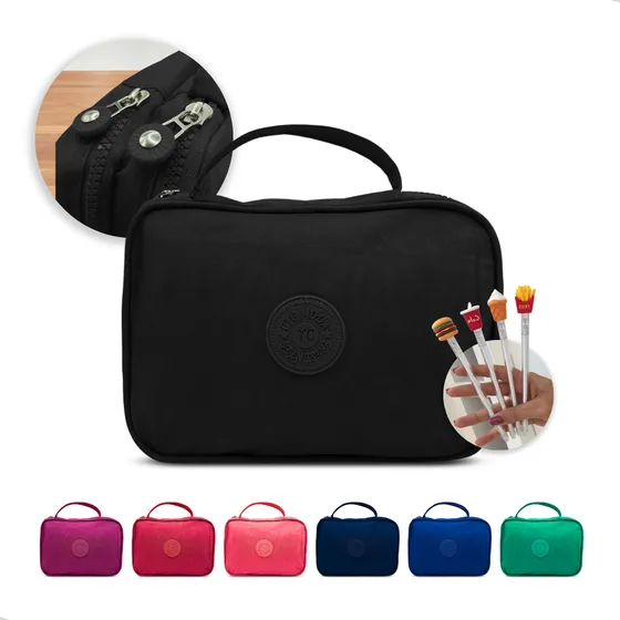 Estojo Escolar Box Grande Quadrado 2 Divisórias + Caneta