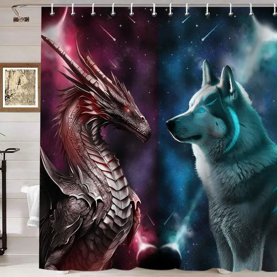 Cortina Ducha Dragon Lobo Fantasia Roja Azul Galaxia Animal