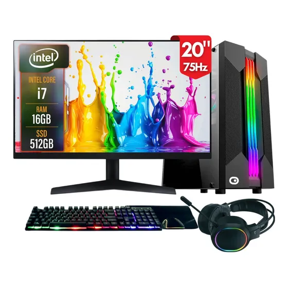 Computador Gamer completo 2Eletro Chroma, Intel Core i7, 16GB RAM, SSD 512GB, Fonte 500W, Monitor 20" 75Hz, Kit Gamer completo - PG2E-1014CH