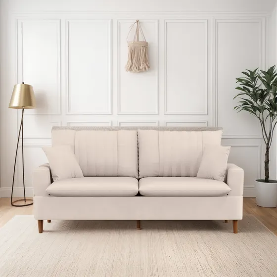 Sofá 3 Lugares 200cm Com Almofadas Veras Suede Bege Claro