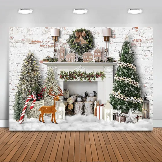 Telón De Fondo Navideño Con Ladrillo Rústico Y Chimenea