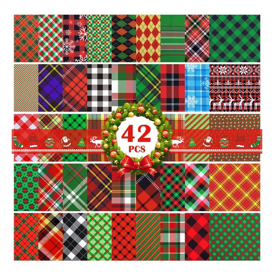 42 Pieza Tela Cuadro Navidad Cuadrado Raya Verde Rojo Dorado