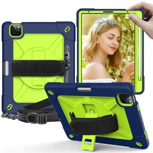 Mica + Funda De Uso Rudo Con Correa Para iPad Air 4 10.9 Color Azul Con Verde