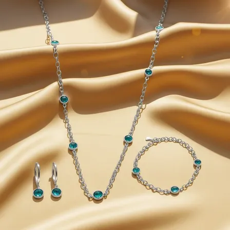 Kit Colar Cordão Com Pulseira + Brinco Argola Azul Prata 925 Prata 25 E Pedras Azuis