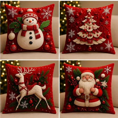 Kit 4 Capas De Almofadas Decorativas 45x45 - Estampadas Natal Vermelha