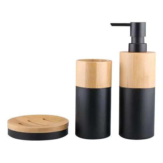 Kit Set Accesorios Baño 3 Piezas Bambu Dispenser Jabonera