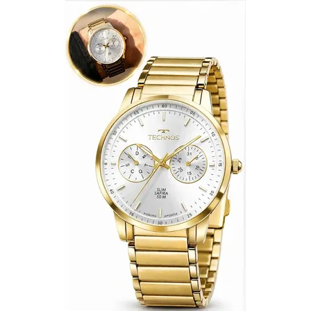 Relógio Technos Slim Masculino Dourado Multifuncional Aço Safira