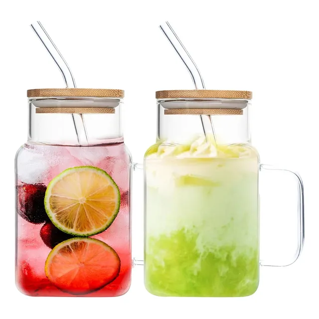 Jarro Vaso Cuadrado De Vidrio 20oz Con Sorbete - 2 Unid Transparente