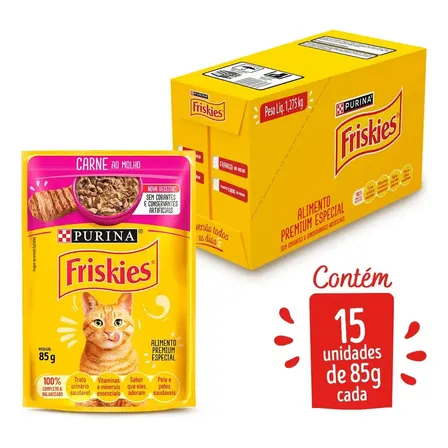 Ração Úmida Sachê Friskies Gato Adulto Carne ao Molho 85g kit c/ 15un