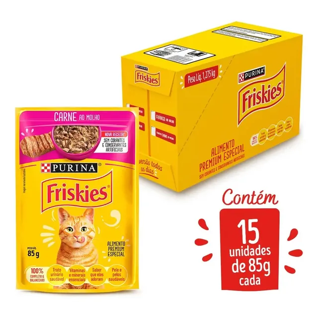 Kit 15 Un Sache Friskies Gato Carne Molho 85g Petisco Felino