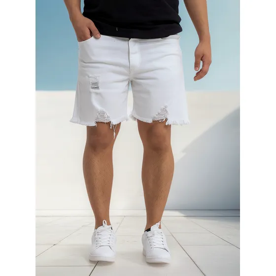 Bermuda Blanca Negra Con Roturas De Jean Para Hombre Ebk®