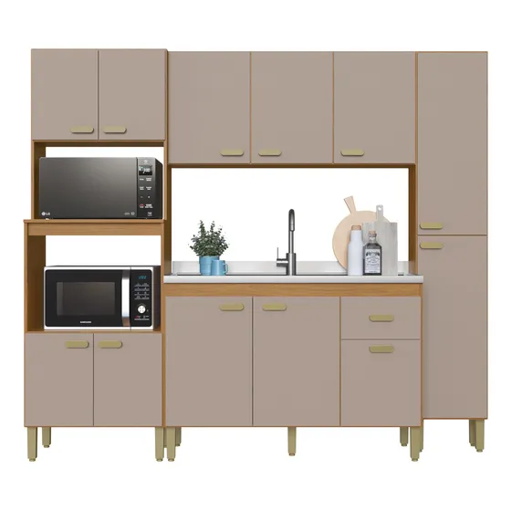 Cozinha Modulada Compacta Fidelitá Mariana 4 Peças 220cm 12 Portas 1 Gaveta Sem Tampo Freijó/Camurça