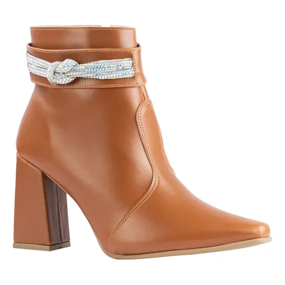 Bota Strass Bico Fino Cano Curto Coturno Salto Alto Botinha
