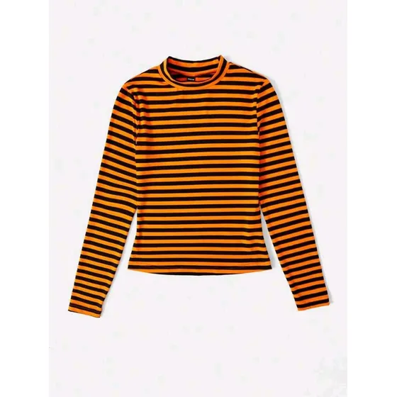 Camisa Top Manga Larga A Rayas, Negro Y Naranja. Halloween