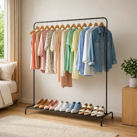 Arara De Roupas Grande Cabideiro Desmontável De Metal Closet Arara Com Sapateira Preto