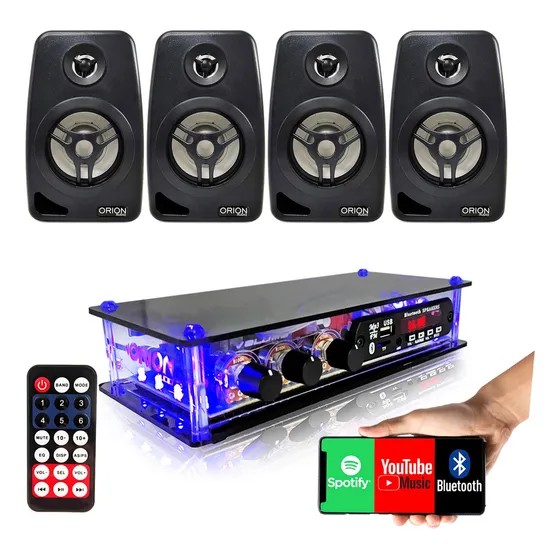 Kit Som Ambiente 4 Caixa Acustica Pretas C/ Receiver Bt