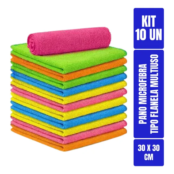 Pano Microfibra Flanela Pia - 10un - 30x30cm - Neves - Multiuso - Limpeza Geral e Delicada - Multicores