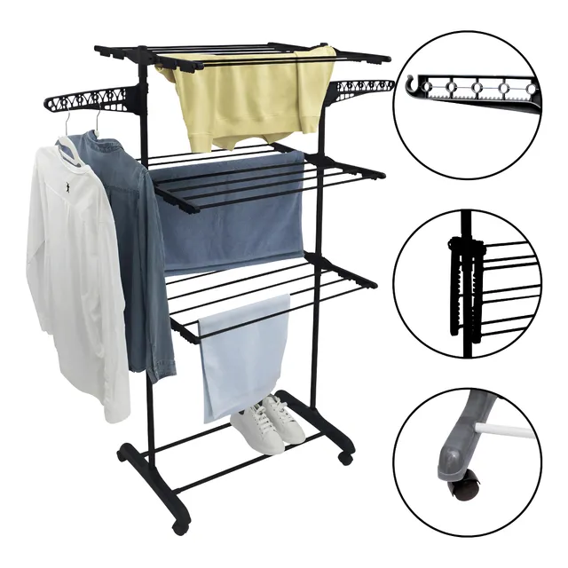 Varal De Chão Grande Varal De Roupas 3 Andares Dobrável Kontuz Home Preto