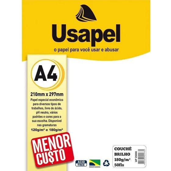 Papel Couchê Brilho Usapel A4 180g Branco - Pt C/ 50