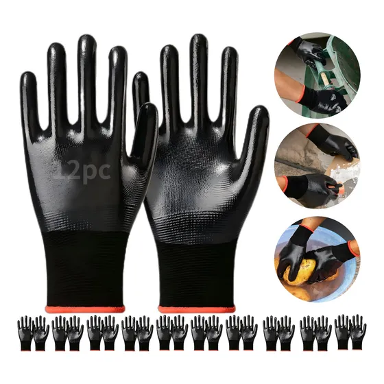12pc Guante Nylon Negro Recubiertos Palma Nitrilo Seguridad