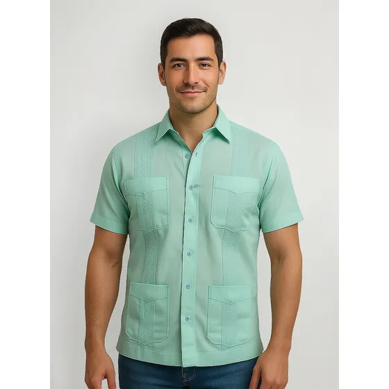 Camisas Guayaberas Hombre Lino Color Verde Manga Corta