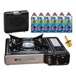 Fogareiro Portátil Com Acendedor Automático E Maleta Com Adaptador Preto + 6 Refil Fogareiro Portátil Com Acendedor Automático E Maleta Com Adaptador Preto + 6 Refil