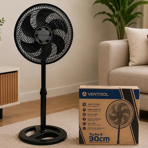 Ventilador Oscilante De Coluna Ventisol 30cm Turbo 6 Pás Preto