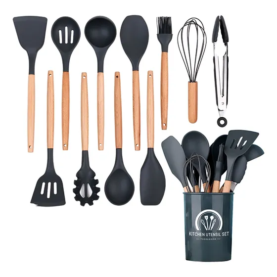 Utensillos De Cocina 12 Piezas Mango De Madera Y Silicona