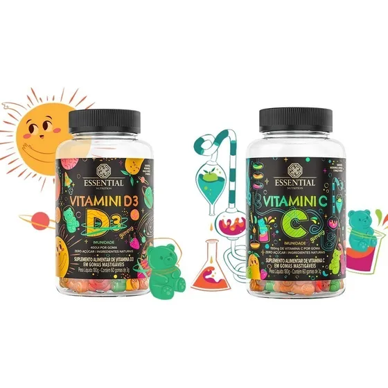 Kit Imunidade Infantil Vitamina C + D 3 Essential Nutrition Sabor Frutas