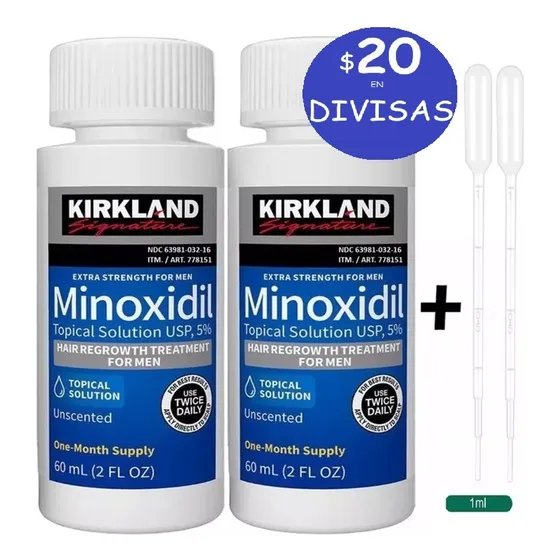 Pack 2 Minoxidil Kirkland  1 Gotero Guia Video Barba Cabello