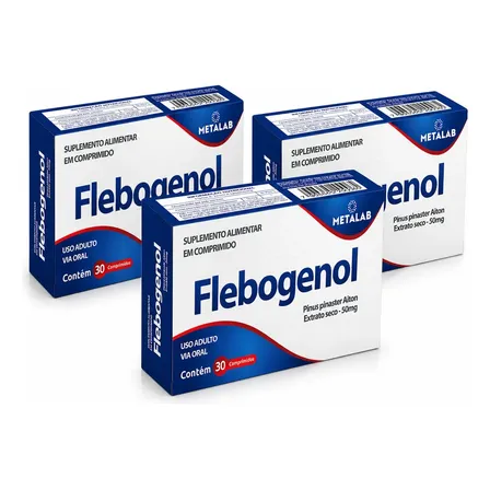 Suplemento Flebogenol 50mg Metalab Circulação Pinus Pinaster 3 Caixas 30 Comprimidos Neutro