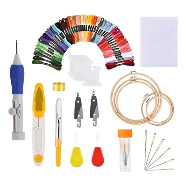 Kit Agulha Magica Ponto Russo + Bastidor + Linhas 50 Cores