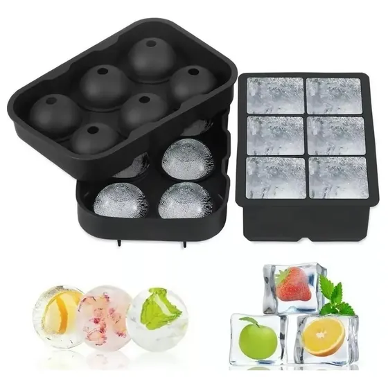 Bar Tolls Ice Mold de gel de silicona Giant de 6 cubos Whisky color negro